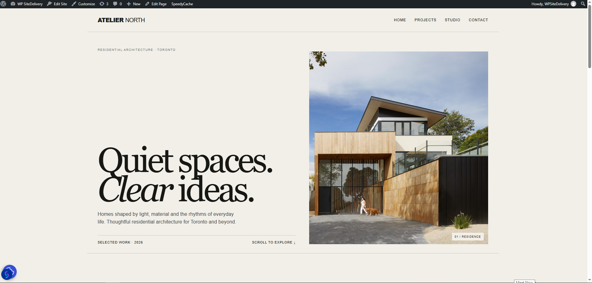 Example design studio website running in WordPress after deployment with WP SiteDelivery