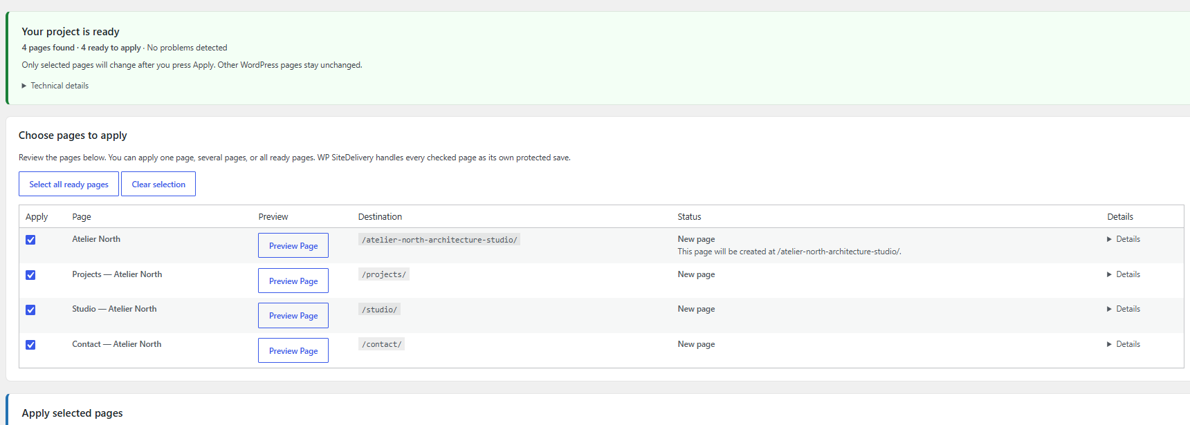 WP SiteDelivery review screen showing a project ready for selected pages to be applied