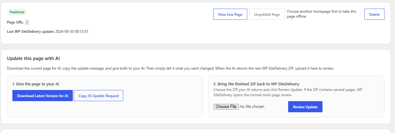Manage page interface with tools to download the current version or copy an AI update request