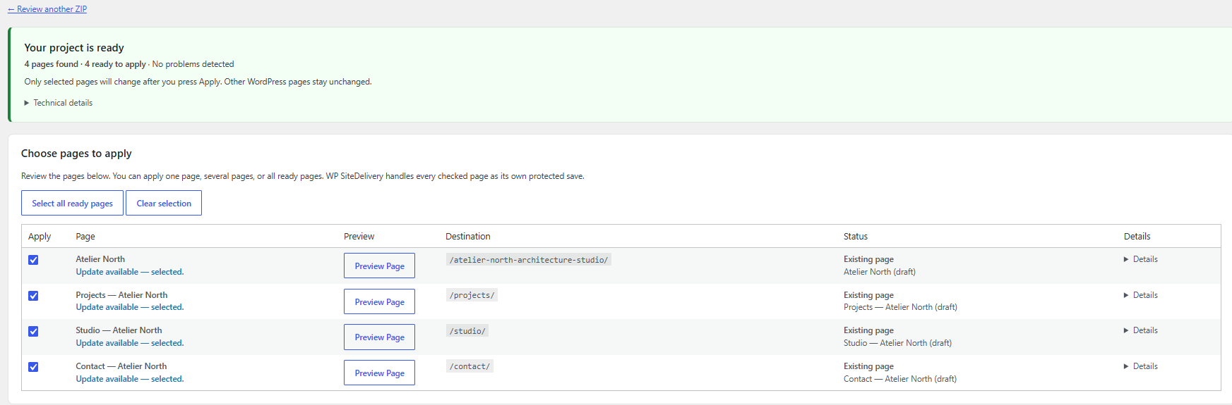 WP SiteDelivery review identifying updated existing pages