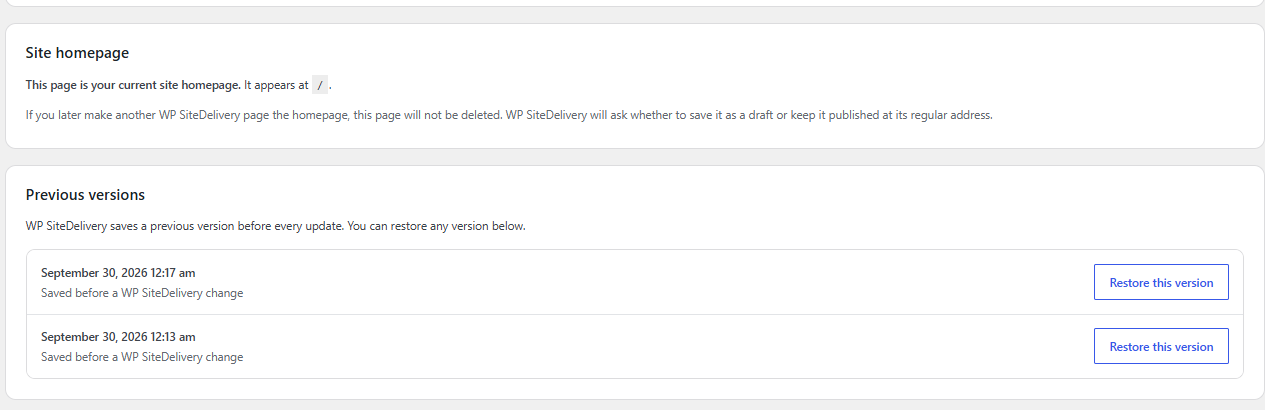 WP SiteDelivery management interface showing saved previous page versions and restore buttons